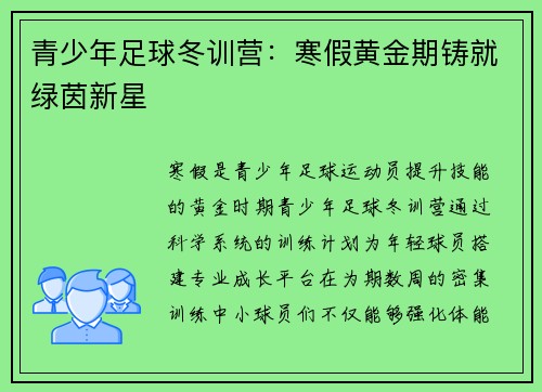 青少年足球冬训营：寒假黄金期铸就绿茵新星